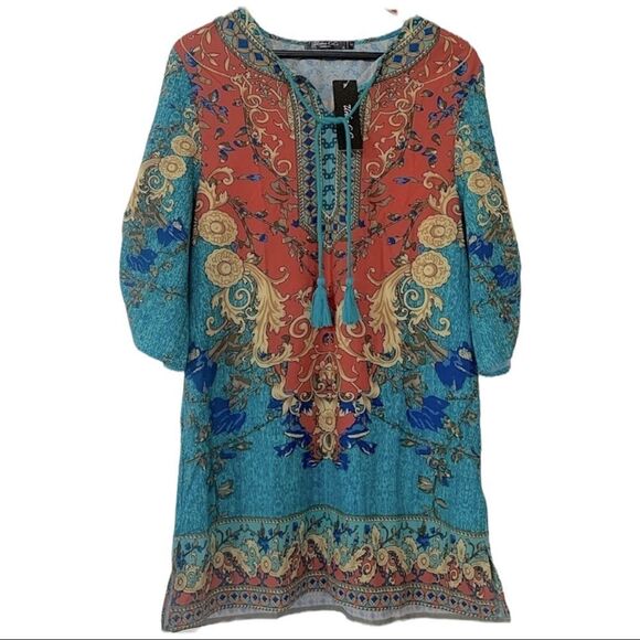 NWT Boho Dress & Beach cover up, Sz S, light fabric,Tassel front - Picture 1 of 8